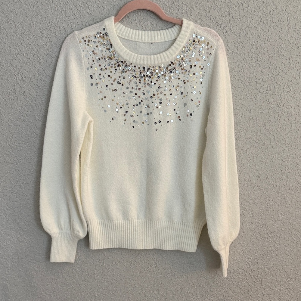 American Eagle Outfitters Cream Sequin Embellished Crewneck Sweater